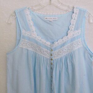 NWT Eileen West Long Nightgown S Sleeveless Gown Blue Dotted Swiss Stripe